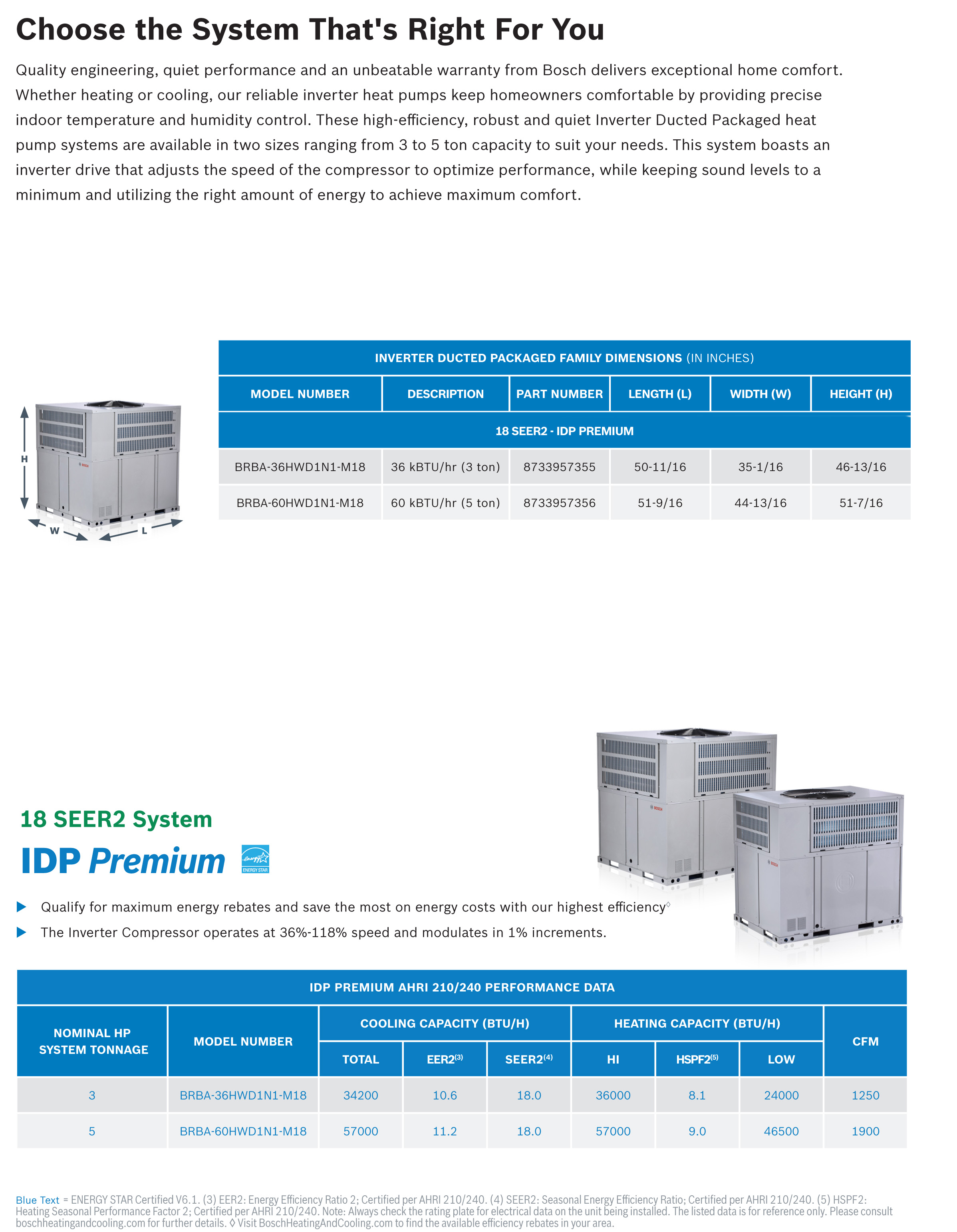 3 Ton Bosch 18 SEER2 Inverter Compressor Heat Pump DOWN-FLOW or HORIZONTAL Package Unit BRBA-36HWD1N1-M18